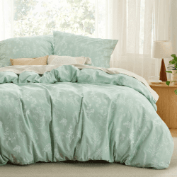 BEDSURE Bettwäsche 155x220 Baumwolle Grün - Bettwäsche-Sets 155 x 220 cm Bettbezug 3teilig mit 2 Kissenbezüge 80x80 cm, Bettwäsche Warm mit Reißverschluss Pflanzen Blumen Muster 155 x 220 cm Grün Blumen