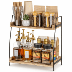 ANBOXIT Kaffee Organizer, Kaffeebar Zubehör Organizer Holz, Kaffee Aufbewahrung für Kaffeestation, Arbeitsplatten Gewürzregal für Küche, 2-stöckige Kaffee Caddy für Küche, Zuhause, Büro - Braun