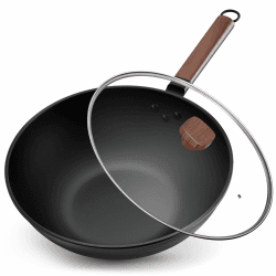 Jobin 33cm/5,6L Wokpfanne mit Deckel Wok aus Kohlenstoffstahl Ohne Chemische Beschichtung und zum Kochen von Asiatischen Gerichten für 4-6 Personen, Induktion, Elektro, Gas Schwarz A