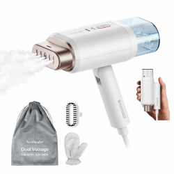 Newbealer Dampfglätter mit umschaltbarer Spannung - 220V/120V, kompaktes und faltbares Reisebügeleisen, tragbarer Reisesteamer für Kleidung mit schnellem Aufheizen in 20 Sekunden, Weiß Weiß+dual-voltage 220v/120v