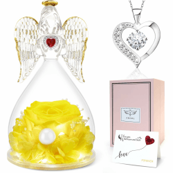 Sunia Geschenk für Mama, Ewige Rose in Engel Glaskuppel mit LED-Licht, Ewige Blume Engel Figur mit Halskette, Bestes Ideen Valentinstagsgeschenk für Freundin Oma Weihnachten Muttertag Gelb