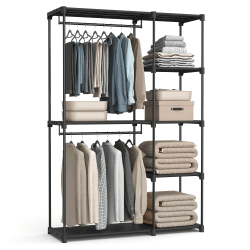 SONGMICS Kleiderschrank offen, freistehende Garderobe, Standregal, Kleiderständer mit Kleiderstangen, Garderobenständer, Ankleidezimmer, Schlafzimmer, 43 x 124 x 182 cm, schwarz RYG026B02 Schwarz 43 x 124 x 182 cm