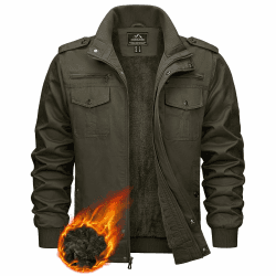 KEFITEVD Herren Winter Fleecejacke Outdoor Sherpa Gefüttert Warme Militär Feldjacke Taktikal Freizeit Cargo Stehkragen Mantel L Grün
