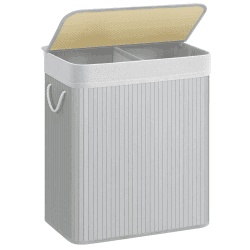 SONGMICS Wäschekorb mit Deckel, Wäschekorb aus Bambus, 2 Sortierfächer, abnehmbarer Beutel, Griffe aus Baumwolle, Volumen 100 l, für Waschküche, Schlafzimmer, Grau LCB064G01 100 L Grau