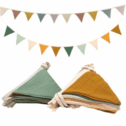 Wimpelkette Kinderzimmer,Musselin Baumwolle Stoff Wimpelkette,Girlande Kinderzimmer Deko zum Aufhängen, Hausbett Deko Mädchen & Jungen,Wanddeko Geschenk,Babyzimmer Dekoration (Morandi Beige + Grün)
