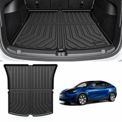 CARERSTEN Tesla Model Y Kofferraumwanne Tesla Kofferraummatten mit extra hoher Rand Tesla Model Y Kofferraummatte Set 2017-2023 Rückenlehnen Kofferraummatte