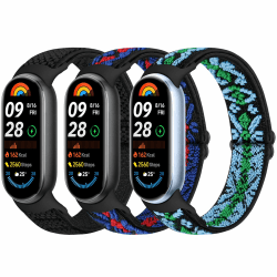 Bcuckood Elastisches Armband kompatibel mit Xiaomi Smart Band 9/ Xiaomi Smart Band 8 Damen Herren, dehnbares Uhrenarmband weiches elastisches Nylon Ersatzarmband für Xiaomi Mi Band 9/8, 3 Stück Schwarz+Boho Rot+Boho Blau