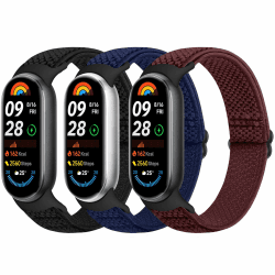 Bcuckood Elastisches Armband kompatibel mit Xiaomi Smart Band 9/ Xiaomi Smart Band 8 Damen Herren, dehnbares Uhrenarmband weiches elastisches Nylon Ersatzarmband für Xiaomi Mi Band 9/8, 3 Stück Schwarz+Indigo+Weinrot