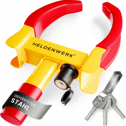 HELDENWERK Parkkralle inkl. Sicherheitsschloss & 3 Schlüsseln - Radkralle für Auto, Wohnwagen, Anhänger, Motorrad - PKW Reifenkralle, Autokralle, Rad-Kralle für 18-30cm Reifenbreite (Gelb/Rot)
