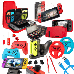 Switch Accessories Bundle - Orzly Geek Pack for Nintendo Switch: Case & Screen Protector, Joycon Grips & Racing Wheels, Switch Tablet & Controller Charge Docks & More [15in1] Colour. Switch & Switch OLED Color Pop