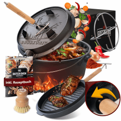 GUSSKÖNIG Dutch Oven Set - Eingebrannter Dutch Oven 7 Liter - Feuertopf Gusseisen ohne Füßen - Schmortopf Doppelfunktion - inkl. 2in1 Deckelheber, Bürste & Dutch Oven Rezeptbuch [für 3-5 Personen] Topf Ohne Fuß 7 Liter