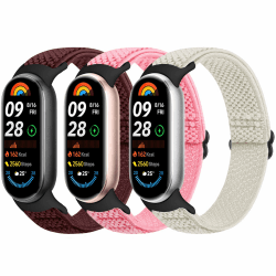 Bcuckood Elastisches Armband kompatibel mit Xiaomi Smart Band 9/ Xiaomi Smart Band 8 Damen Herren, dehnbares Uhrenarmband weiches elastisches Nylon Ersatzarmband für Xiaomi Mi Band 9/8, 3 Stück Weinrot+Rosa+Beige