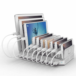 Alxum USB Ladestation für Multi-Geräte 96W, 10 Port Ladestation Mehrere Geräte Schnellladestation Organizer für Moblie Phone, Tablet, Weiß 96W-10 USB A Weiß