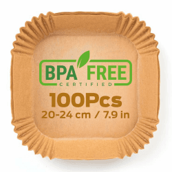 PORTENTUM Backpapier für Heißluftfritteuse 100 Stück BPA-frei, 20x20 cm, Airfryer Backpapier Antihaft Wasserdicht Ölfest Einwegschalen Luftfritteuse Pergamentpapier Liner für 4.7L - 7.3L2, Quadrat 100 Stück 20-24 cm Quadratisches
