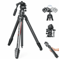 Video Reisestativ,COMAN Light-H 61"leichtes Carbonfaser Kamerastativ mit 360°dämpfendem Fluidkopf Tripod und 1/4" Schraube, Tragbares Kompaktstativ für DJI Schnellwechselplatte und die meisten Kameras dunkel