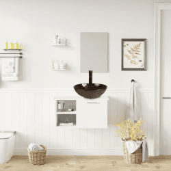 YU YUSING Badmöbel Set Waschbeckenunterschrank Badezimmerschrank mit Waschbecken Unterschrank Spiegel, Badezimmermöbel mit Waschtisch, Spiegelschrank, 2 Wandregale, Wasserhahn Set (Braun) Badmöbel Set Weiß + Waschbecken Braun