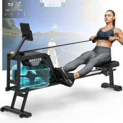 Neezee Rudergerät für zuhause, Rudergerät Wasser mit Professioneller Bluetooth-Monitor und Tablet-Halterung, Max 150kg Belastbar, Vertikale Lagerung, Transporträder für Einfache Bewegung Klassisch