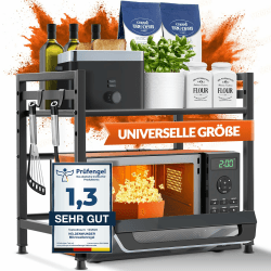 Heldenwunder Mikrowellenregal (2-stufig) - Schwarz aus Stahl I extrem Standfest I rutschfeste Füße I Höhen & längenverstellbares Mikrowellen Regal 40-64cm + Werkzeug, Videoanleitung & 8 Haken Schwarz 2-Stufig