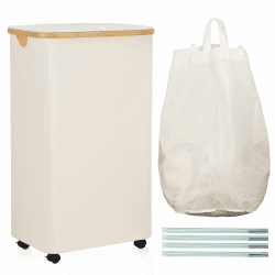 ROSOS Wäschekorb mit Rollen 105L, Wäschekorb mit Deckel mit Herausnehmbaren Wäschesack, Wäschesammler mit Deckel & Leicht zu Tragendem Bambus Griff, Faltbarer Wäschekorb mit Deckel, Beige Beige 105L