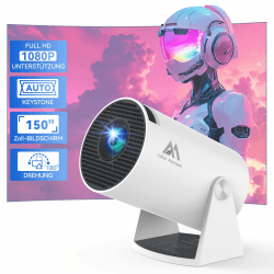 Aubor Mentech Beamer, Mini Beamer mit WLAN und Bluetooth, 180° tragbarer Projektor, 1080P-Unterstützung, 150‘’ Smart-Projektor mit Android TV 11.0, Short Throw, Auto Keyston für Outdoor/Heimkino, Weiß
