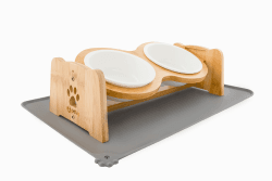 Petzy Premium Keramik-Hundenapf, höhenverstellbarer Katzennapf, 350 ml pro Napf. Ideal für kleine Hunde, mit Rutschfester Unterlage und Futternapf aus Bambus. 350ml Futterbar + Matte Grau