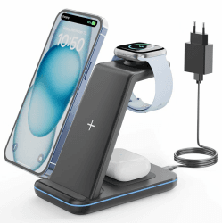 GEEKERA Wireless Charger, 3 in 1 Induktive Ladestation für iPhone 16/15/14/13/12/11/Pro Max, Ladestation für Apple Watch Ultra/10/9/8/7/6/5/4/3/2/SE, Kabelloses Ladegerät für AirPods Pro/4/3/2-Schwarz 3 in 1-EU Schwarz
