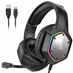 EKSA E1000V2 Gaming Headset, Type-C & USB-A Schnittstelle Headset Mit Mikrofon, 7.1 Surround Sound & RGB-Licht PC Headset, Gaming Kopfhörer für PC/PS4/PS5/Mac Grau Wired