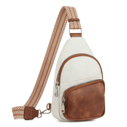 CLUCI Klein Brusttasche Damen Crossbody Bag, Sling Bag PU Leder für Damen und Herren, kleine Umhängetasche Sport，Bauchtasche Gürteltasche Breiter Gurt für Outdoor Reisen Weiß mit Braun 4-weiß mit Braun