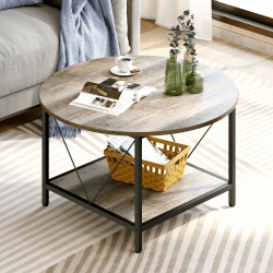 YITAHOME Couchtisch, Wohnzimmertisch 2-stöckiger, Holz Couchtisch Rund 80X80X46cm, Couchtisch mit Stauraum für Couch Schlafzimmer,Stabiler Metallrahmen Holzfarbe