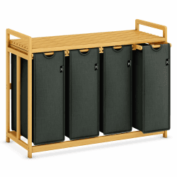 AdelDream Wäschekorb mit Bambusrahmen 200L 4 Fächer ausziehbarer und abnehmbarer Wäschesack Wäschesammler Wäschebox laundry baskets Bambus Grau-06-20