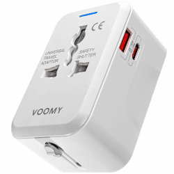 VOOMY Für über 150 Länder Reisestecker mit Schnellladegerät, Travel Adapter mit USB ladegerät und USB C ladegerät, Camping zubehör mit Quick Charging 3.0, USB Stecker und 20W Ladegerät USB C Schnelles Aufladen 1 USB und 1 USB C