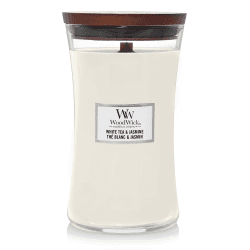 Große WoodWick Duftkerze im Sanduhrglas mit knisterndem Docht, White Tea & Jasmine, bis zu 130 Stunden Brenndauer WHITE TEA & JASMINE White Tea & Jasmine