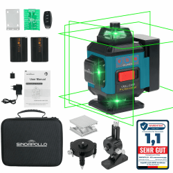 SinoApollo Kompakter 4D 16-Linien-Laserwasserwaage, Selbstnivellierend, 4*360 Grad Grüne Kreuzlinienlaser für Bauarbeiten und Bilderhängen, mit 2 wiederaufladbaren 5200 mAh Typ-C Batterien, Fernbedien