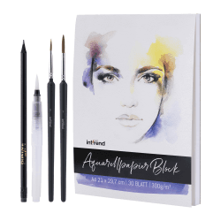 int!rend Aquarellpapier A4 300 g/m² 30 Seiten - Aquarellblock Malpapier mit Wassertankpinsel & Bleistift - Aquarell Papier zum Malen - Watercolor Paper, Aquarell Block, Aquarell Skizzenbuch DIN A4 - 30 Blatt
