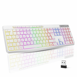 TECURS Tastatur Kabellos Gaming – Leise Tastatur QWERTZ Beleuchtete Ergonomische wasserdichte 2,4 GHz LED-Tastatur für Windows/Mac/PS4/Xbox mit Multimedia-Tasten Weiß DE Layout Weiß