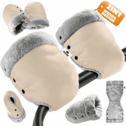 KIDIZ® Handwärmer Kinderwagen Handschuhe Handmuff Kinderwagenmuff mit warme Plüschmaterial Fleece und Baumwolle Innenseite Wasserdicht Winddicht Handwärmer Universalgröße für alle Kinderwagen Buggy Handwärmer Paar Beige
