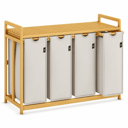 AdelDream Wäschekorb mit Bambusrahmen 200L 4 Fächer ausziehbarer und abnehmbarer Wäschesack Wäschesammler Wäschebox laundry baskets Bambus Hellgrau Hellgrau-06-19