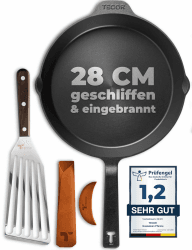 TECOR Gusseisenpfanne Induktion 28 cm geschliffen, universell, natürlich - Langlebige Pfanne Gusseisen Induktion - Antihaft Gusspfanne Índuktion 28 cm einfach top Qualität - Cast iron pan induction 28 cm Geschliffenes Gusseisen