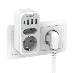 TESSAN Doppelstecker für USB Steckdose, Mehrfachsteckdose mit 4 USB Netzstecker, Steckdosenadapter 2Fach Stecker mit USB, Mehrfachstecker für Steckdose und USB C Adapter, Netzteil USB C Steckdosen 2 Fach mit USB C Grau