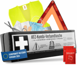 KFZ Kombitasche (3 in 1) nach aktueller Norm 2025 - Inkl. Warndreieck, Warnweste - Verbandskasten Warndreieck Set Verbandskasten Auto DIN 13164:2022 (StVO konform)