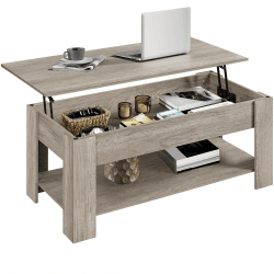 Yaheetech Couchtisch Höhenverstellbar Sofatisch mit Stauraum Ablagefächern Kaffeetisch Metallgestell Beistelltisch für Wohnzimmer, Grau 120 x 59 x (49,5-63,5) cm Grau