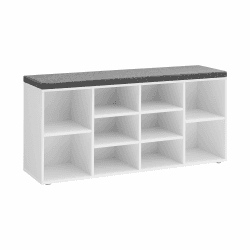 VASAGLE Schuhbank, Schuhregal mit Sitzfläche, Sitzbank mit Stauraum, gut gepolstert, Flurbank mit 10 Fächern, verstellbaren Ablagen, für Schlafzimmer, 30 x 104 x 48 cm, weiß-grau LHS10WT Weiß + Grau