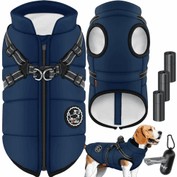 LOVPET® Hundejacke Hundemantel mit Geschirr, inkl. 45 Stück Kotbeutel + Spender, Hunde Winterweste gefüttert wasserdicht, Gepolsterte Weste Mit Brustgurt, Reflektoren, D-Ring 5XL, Navyblau 5XL Navyblau
