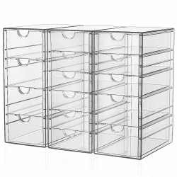 GoMaihe 3-Stücke Schubladenboxen Schreibtisch: Acryl Durchsichtig Schminktisch Organizer | Make up Organizer mit 15 Schubladen | Schreibtisch Organizer für Hause Büro Schule