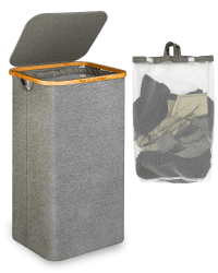 efluky Wäschekorb mit Deckel, 120 Liter hoher Wäschebox mit Bambus Henkel und Innentasche, faltbarer groß XXXL Waschekorbsammler zur Aufbewahrung von Kleidung und Spielzeug, Laundry Baskets Grau Grau 120 Liter