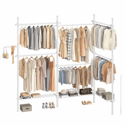 SONGMICS Teleskopstange Kleiderständer, 3-stufige Garderobe, höhen- und breitenverstellbar, offener Kleiderschrank mit 6 Kleiderstangen und 3 abnehmbaren Ablagen, Greifarm, mattweiß HSR155W01 Mattweiß 3 Reihen (240B~353B) cm