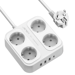 JSVER Steckdosenleiste 4 Fach mit 4 USB Ladeanschlüsse, Mehrfachsteckdose mit USB C, Wandmontage(3680W 16A) Steckerleiste Überspannungsschutz mit 1,8M Kabel für Smartphones, Laptop -Weiß 1.8M Weiß-4 fach