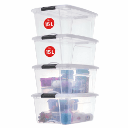 Iris Ohyama Aufbewahrungsboxen mit Deckel, 15L, 4er-Set, Transparent, Sicherer Verschluss, Stapelbar, Griffe, Schlafzimmer, Schrank, Büro, Organisation, BPA-freies Plastik, Ordnungsboxen, NTB-15 15L 4er-Set