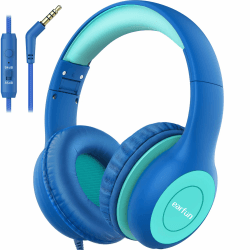 EarFun Kinder Kopfhörer, Kopfhörer Kinder mit Kabel, 85/94dB Lautstärkenbegrenzer, Faltbare, Einstellbar, Stereo Sound, HD-Mikrofon, Audio-Sharing, Over Ear Kinderkopfhörer für Schule/Tablet/PC, Blau 85dB/94dB Blau und Grün hd Mikro