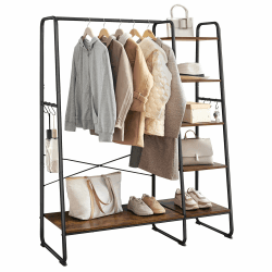 VASAGLE KleiderstÄnder, GarderobenstÄnder, 45 x 120 x 160 cm Garderobe mit Kleiderstange, Schuhablage, offener Kleiderschrank, 6 abnehmbare Haken, Schlafzimmer, Flur, vintagebraun-schwarz RGR116B01 Rustic Brown + Schwarz